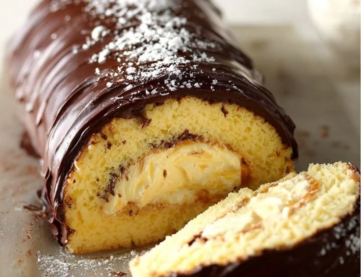Delicious Boston Cream Roll Cake with chocolate icing and cream filling