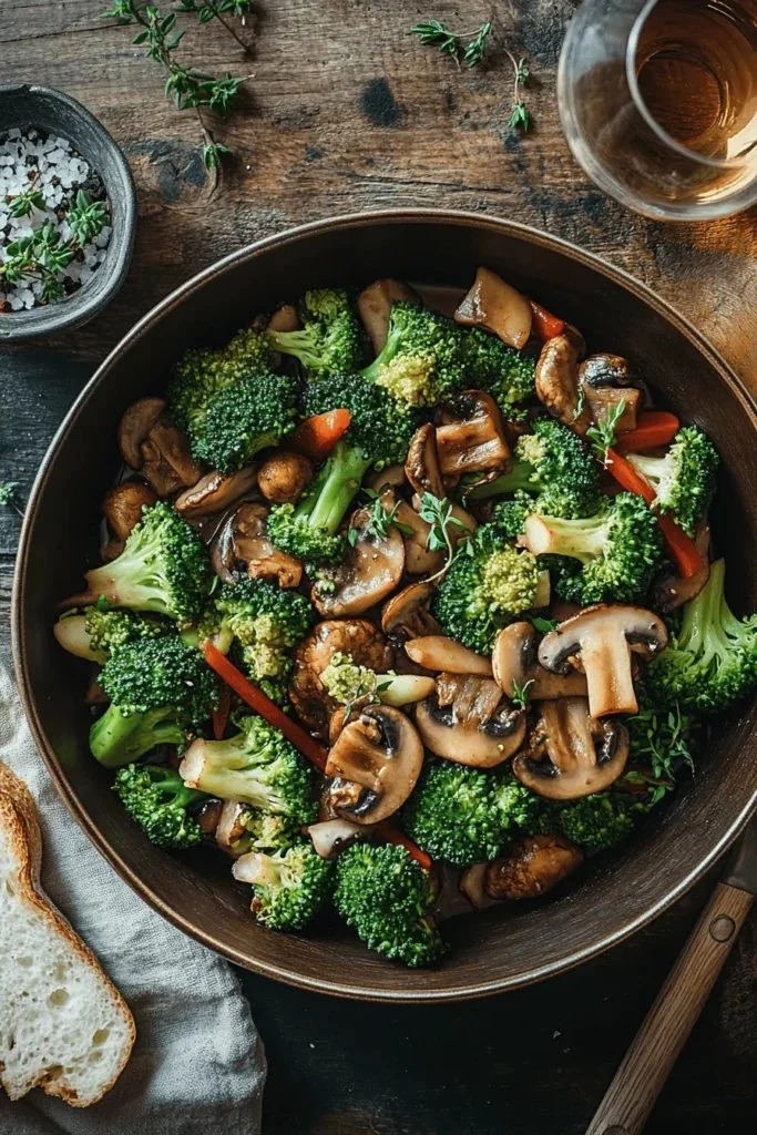 Colorful broccoli and mushroom stir fry served in a bowl