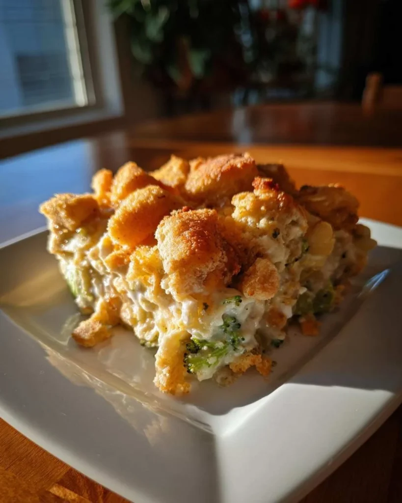 A delicious serving of broccoli casserole topped with cheese and breadcrumbs.
