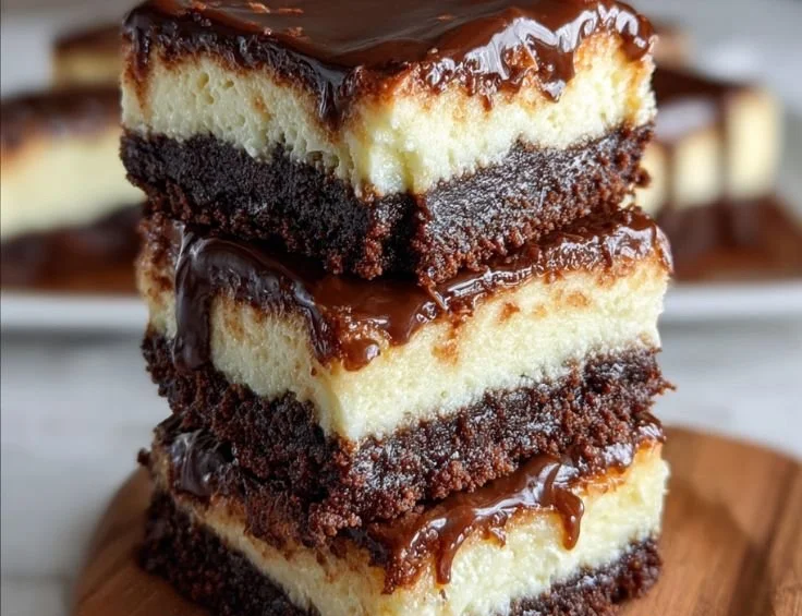 Decadent brownie bottom cheesecake bars with a creamy topping