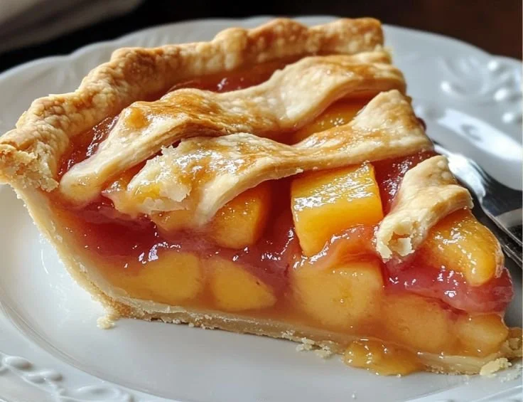 Delicious canned peach pie served with whipped cream.