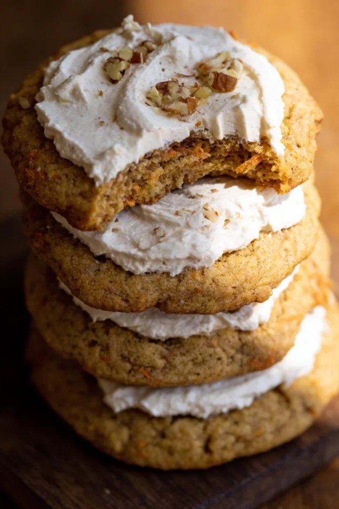 Delicious carrot cake cookies with frosting on a wooden plate