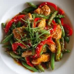 Delicious chicken and snap pea stir fry served in a colorful bowl