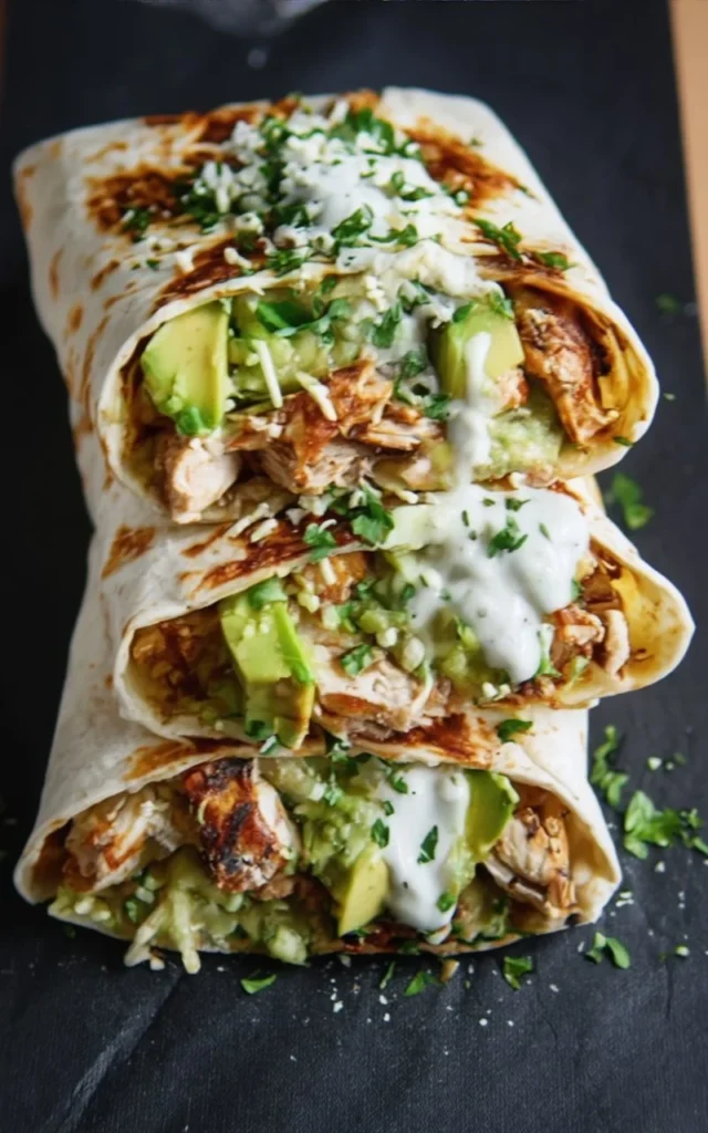 Chicken avocado burritos topped with fresh herbs and ingredients.