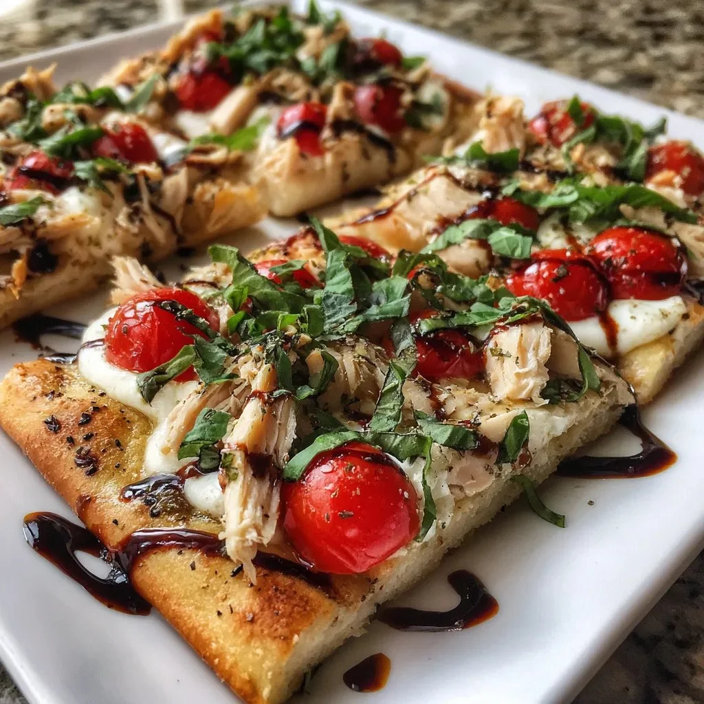 Chicken Caprese Flatbread topped with grilled chicken, fresh mozzarella, and basil.