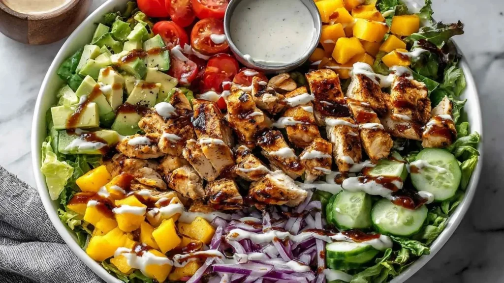 Healthy chicken salad bowl with fresh vegetables and dressing