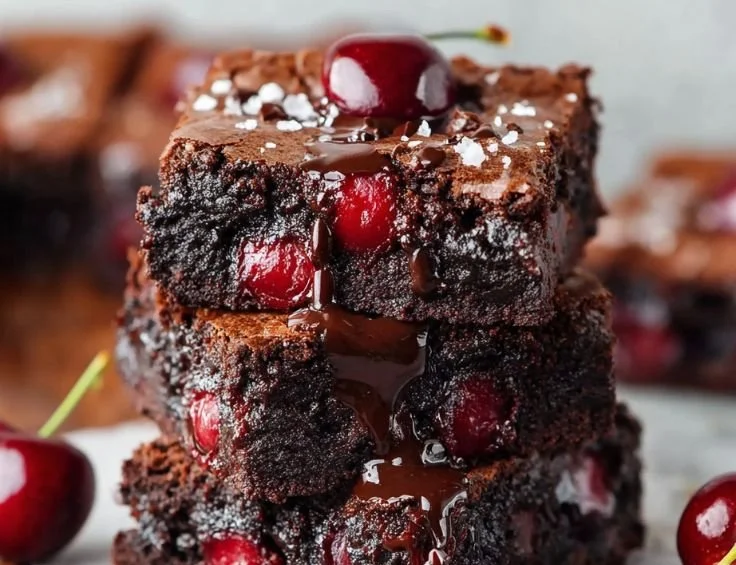 Delicious Chocolate Cherry Brownies with chocolate drizzle and cherry topping.