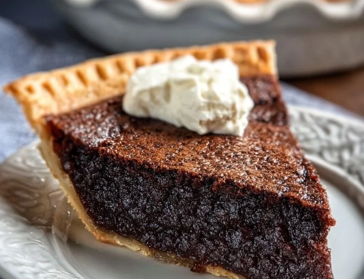 Delicious Chocolate Chess Pie served with whipped cream on a decorative plate