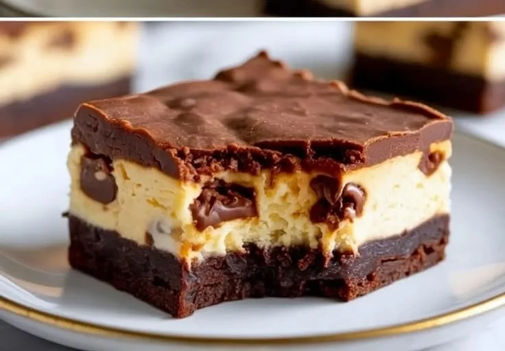 Delicious chocolate chip cookie cheesecake bars on a wooden table