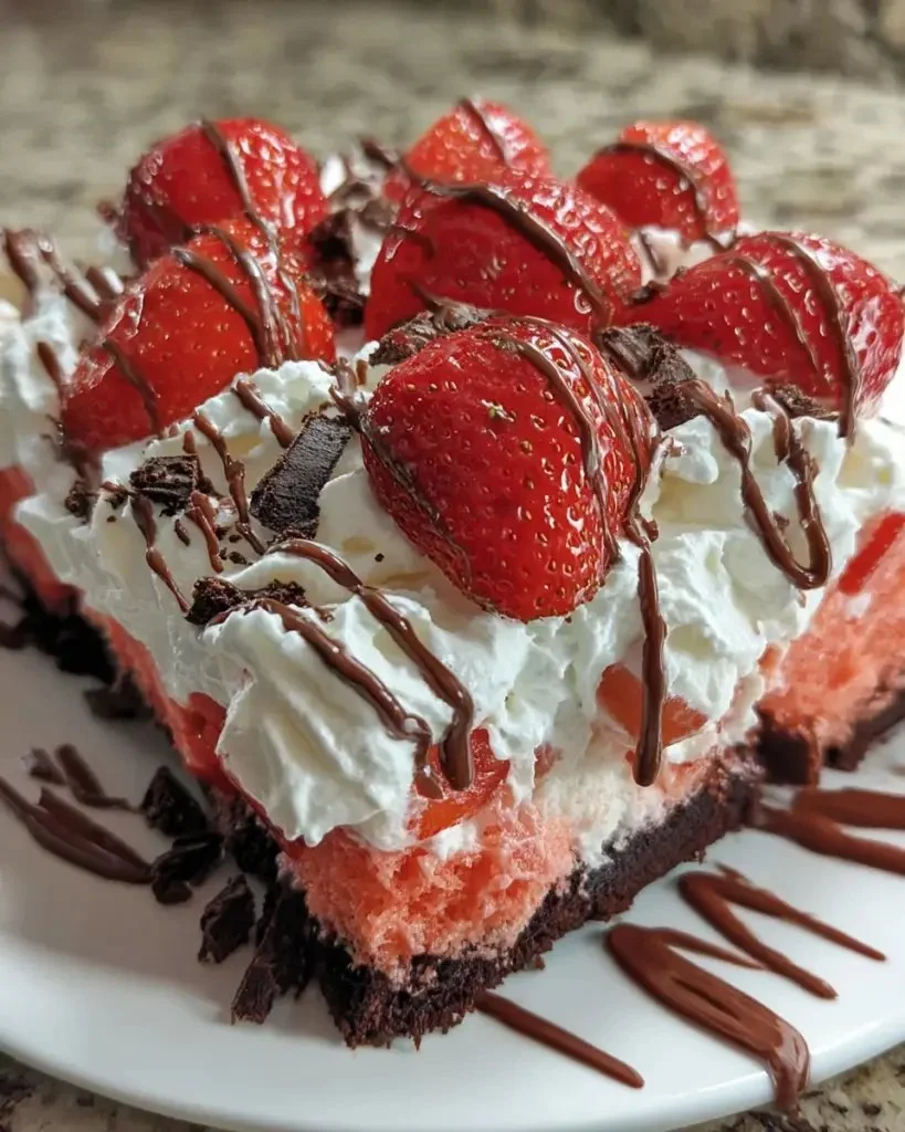 Delicious Chocolate Covered Strawberry Poke Cake with fresh strawberries and chocolate drizzle.
