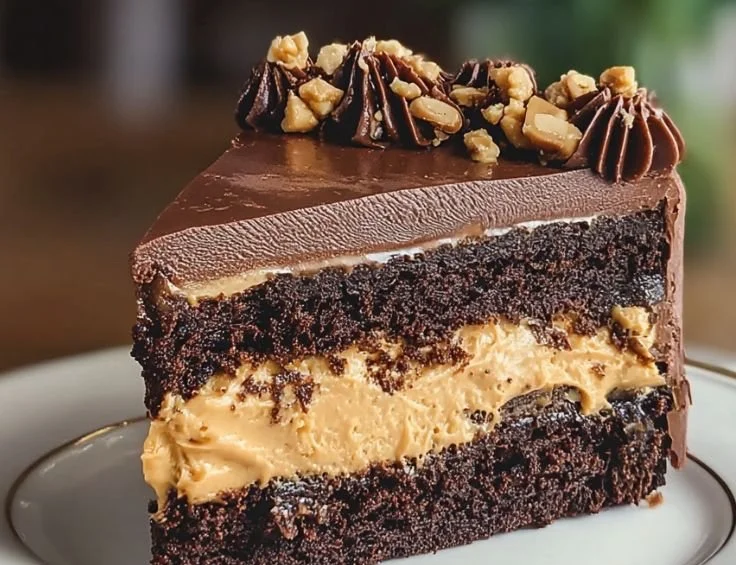 Delicious Chocolate Peanut Butter Cake topped with creamy frosting and chocolate drizzle