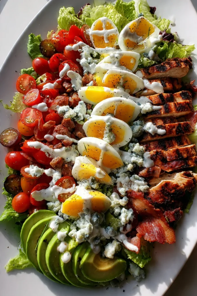 Cobb Salad topped with Buttermilk Ranch Dressing and fresh ingredients