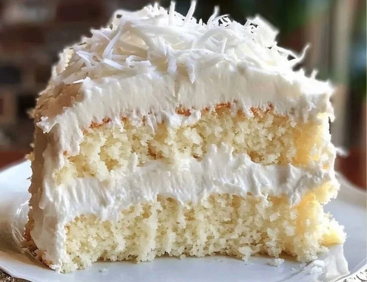 Deliciously moist Coconut Cake topped with fresh coconut flakes and creamy frosting
