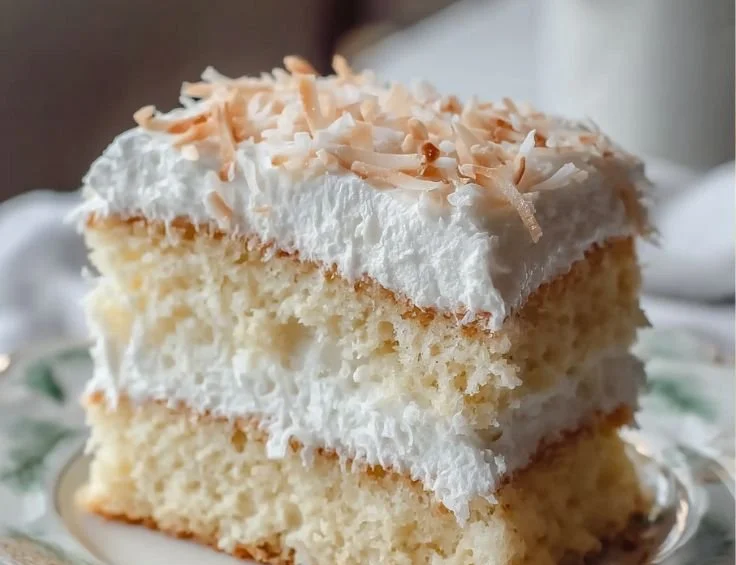 Deliciously fluffy Coconut Cloud Cake topped with coconut flakes