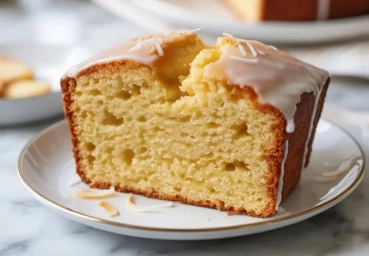 Slice of homemade Coconut Pound Cake on a plate