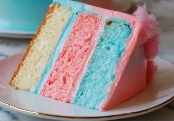 A colorful cotton candy cake topped with fluffy cotton candy and vibrant sprinkles.