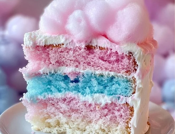 A colorful Cotton Candy Cake topped with fluffy cotton candy