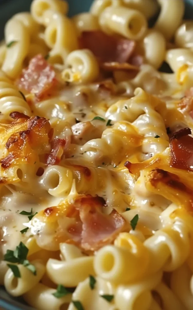 Cheesy chicken and bacon pasta bake in a bakeware dish