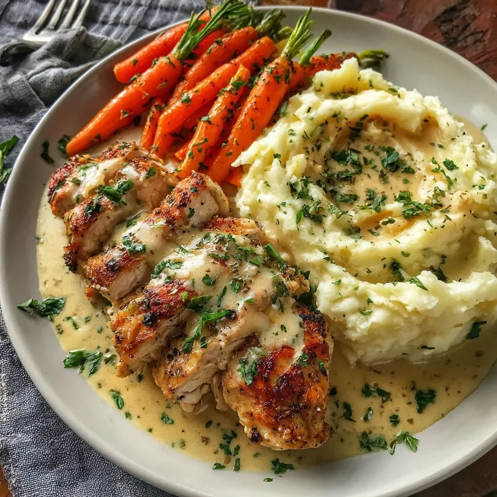 Creamy herb chicken served with mashed potatoes and glazed carrots