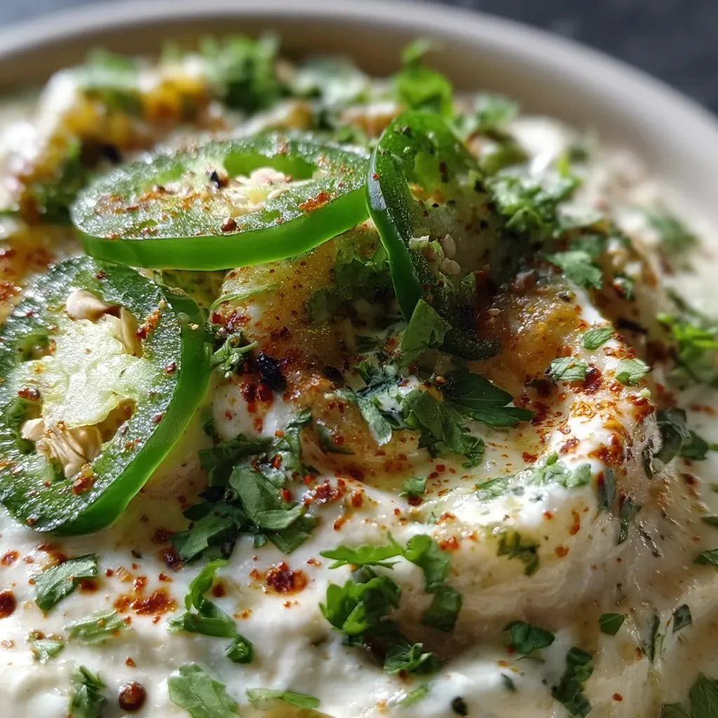 Creamy jalapeno sauce in a bowl with fresh jalapenos and herbs