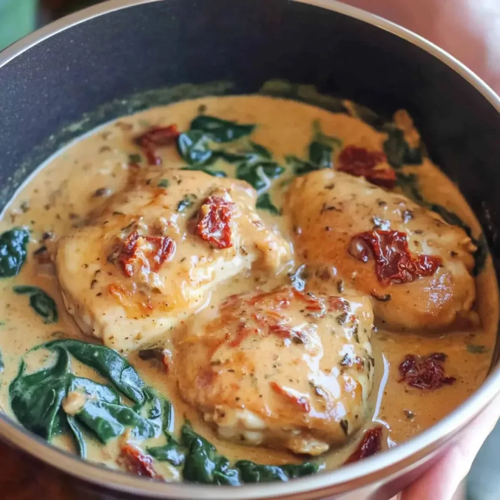 Creamy Tuscan chicken dish with sundried tomatoes and herbs served on a plate