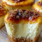 Creme brulee cheesecake cupcakes topped with caramel and fresh berries.