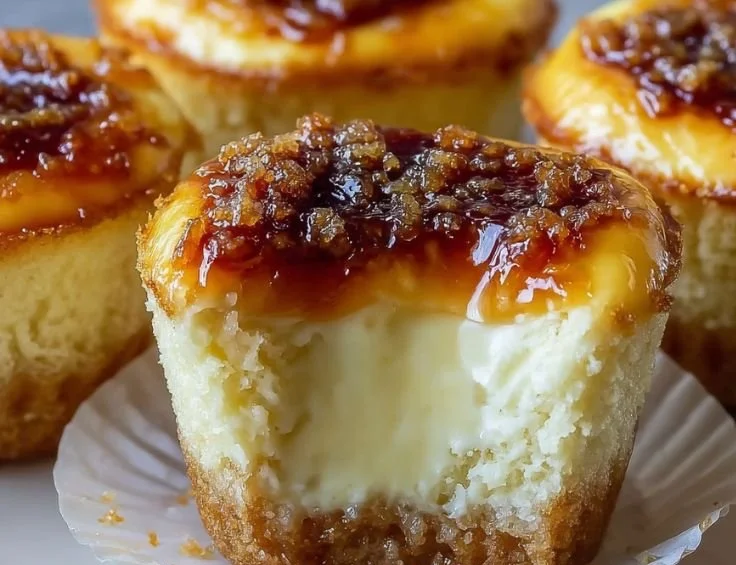 Creme brulee cheesecake cupcakes topped with caramel and fresh berries.