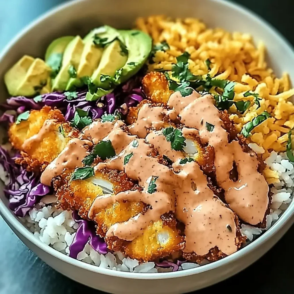 Delicious crispy fish taco bowls topped with fresh ingredients and lime