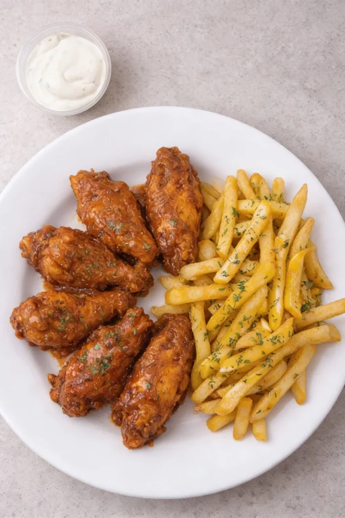 Crispy Honey Buffalo Wings served with garlic butter fries on a plate