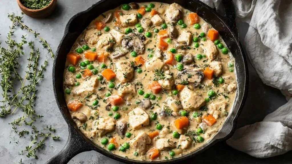 Delicious crustless chicken pot pie skillet served in a cast iron pan.