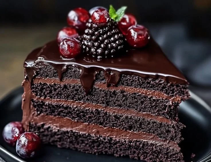 Delicious slice of rich dark chocolate cake on a white plate with garnish.