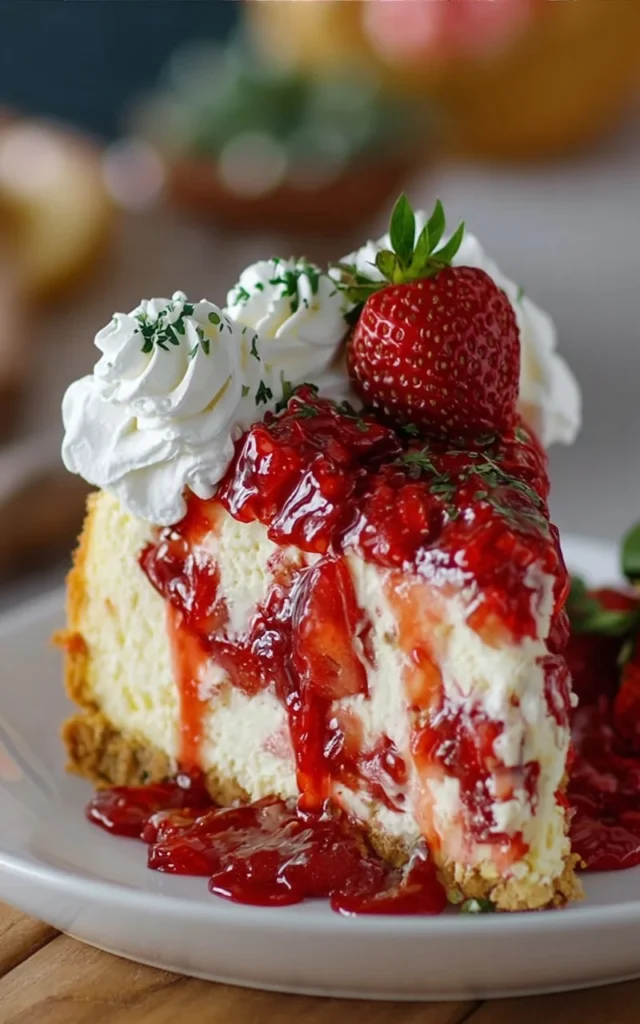 Dreamy strawberry shortcake cheesecake topped with fresh strawberries.
