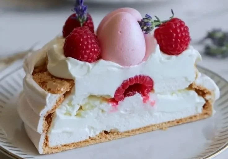Easter Pavlova dessert topped with cream and fresh fruits