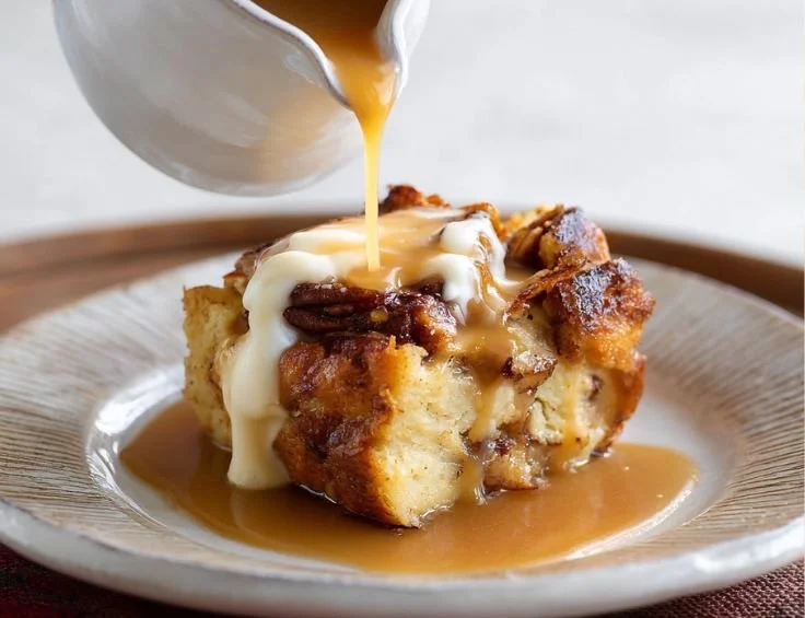 Delicious easy bread pudding drizzled with rum sauce for dessert