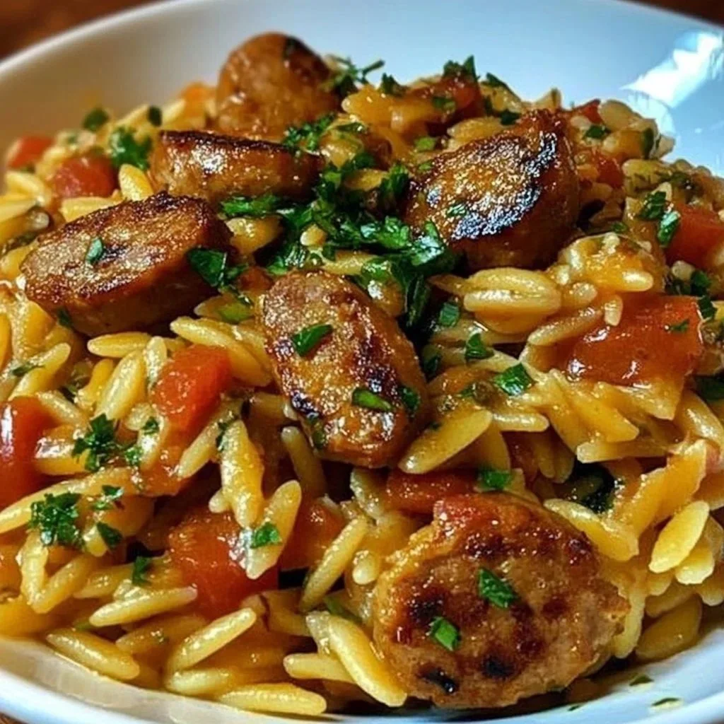 Easy chicken sausage orzo dish garnished with herbs in a bowl