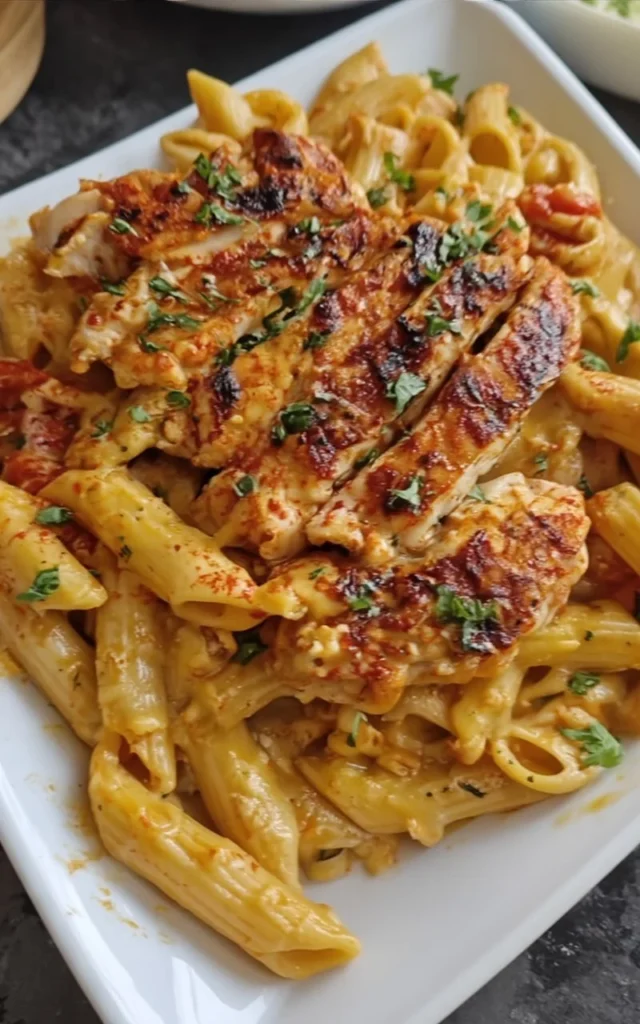 Creamy Cajun chicken pasta with vibrant seasonings and colorful vegetables