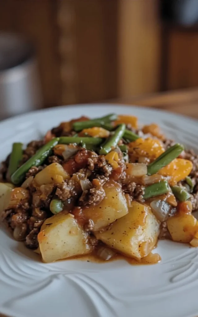 Easy hobo casserole with ground beef, vegetables, and cheese in a baking dish