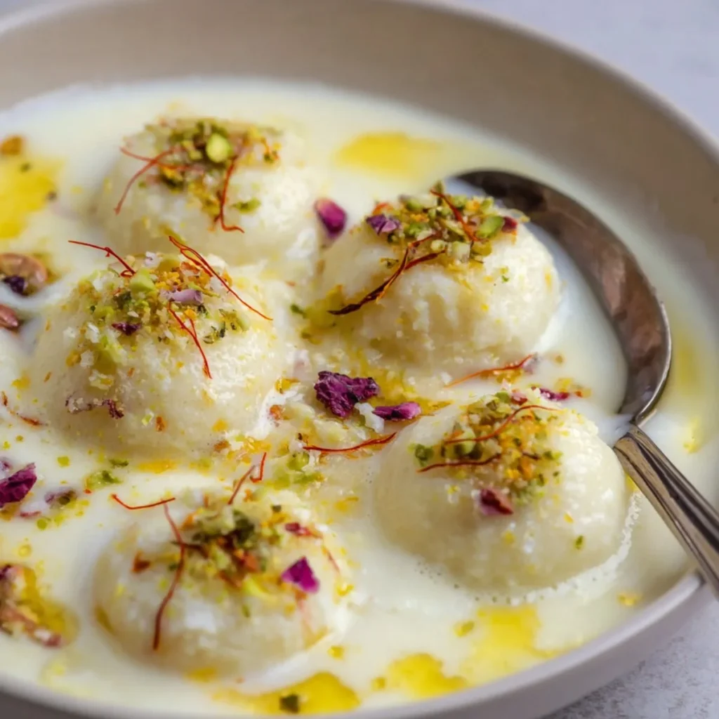 Delicious plate of homemade rasmalai soaking in sweet milk syrup