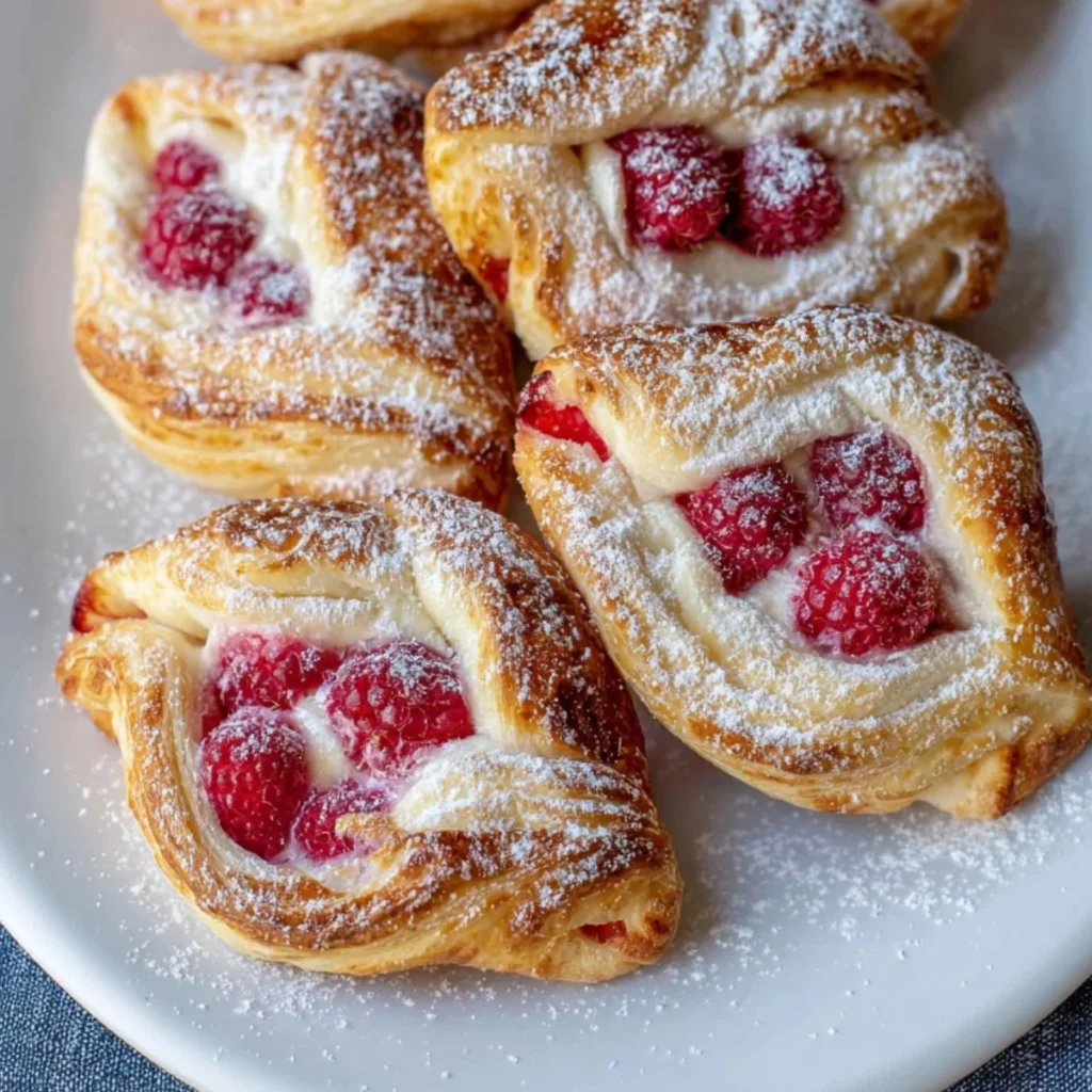 Delicious Easy Raspberry Danish pastry with fresh raspberries and icing sugar