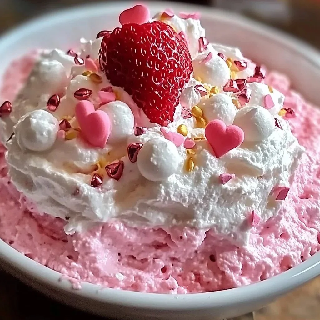 Easy Valentine’s Day strawberry cake mix fluff dessert topped with fresh strawberries.