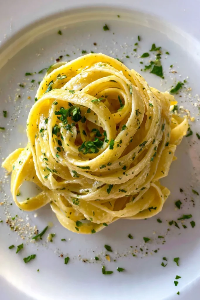 Plate of fettuccine with garlic butter sauce, garnished with parsley.