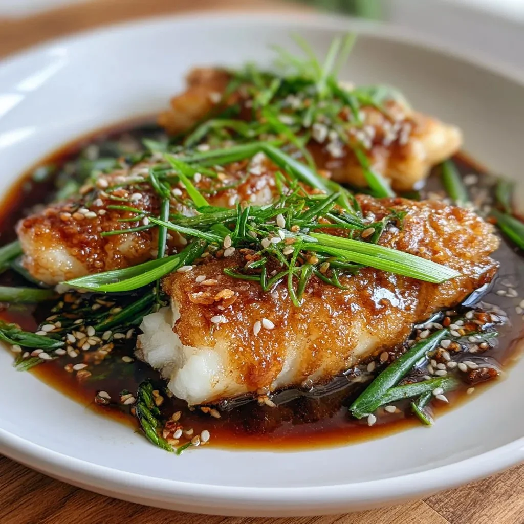 Flaky cod fillet drizzled with ginger soy glaze, garnished with green onions.