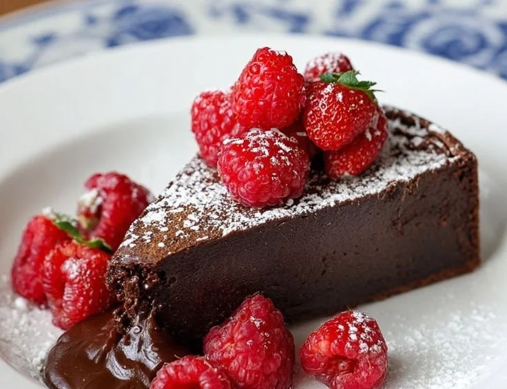 Delicious flourless chocolate cake topped with chocolate ganache and berries.