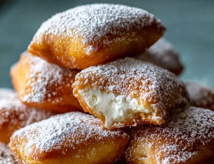 Freshly made French doughnuts dusted with sugar on a plate.