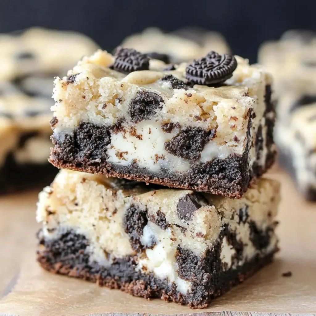 Delicious fudgy cookies and cream brownies topped with crushed cookies.