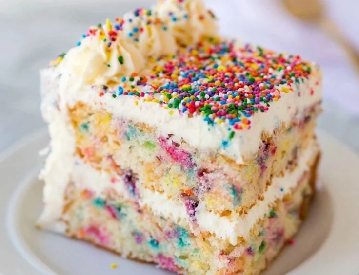 Delicious homemade Funfetti Cake with colorful sprinkles on top