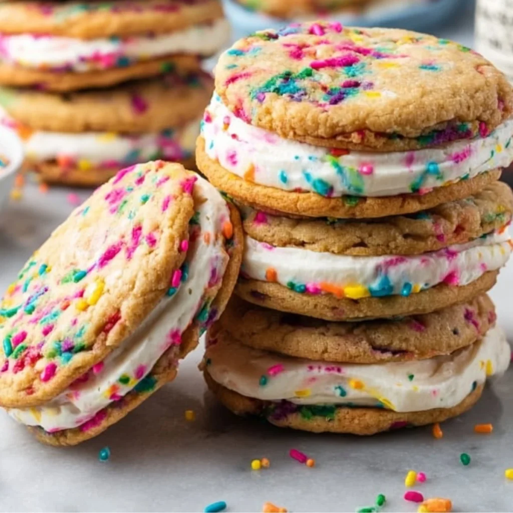 Delicious Funfetti Cookie Sandwiches filled with cream and colorful sprinkles