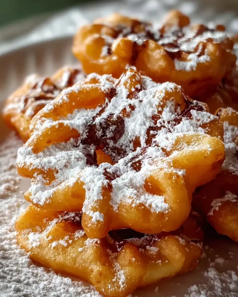 Delicious funnel cake donuts topped with powdered sugar and served warm