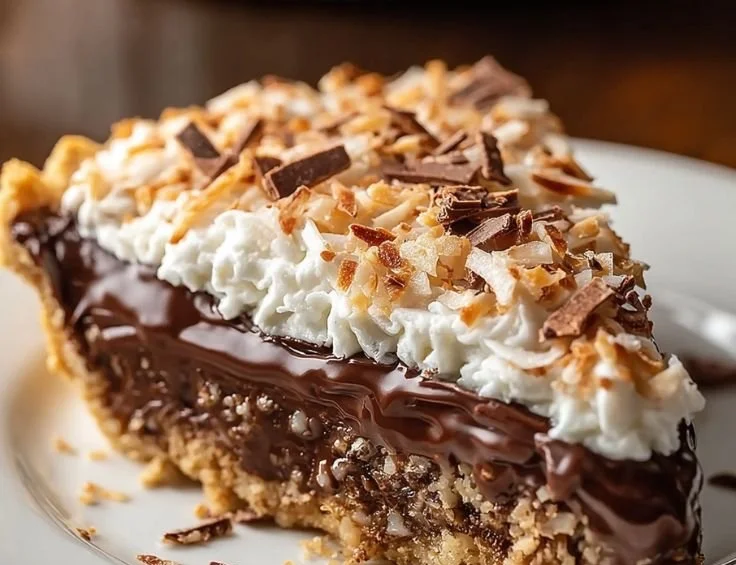 Delicious homemade German Chocolate Pie topped with coconut and pecans.