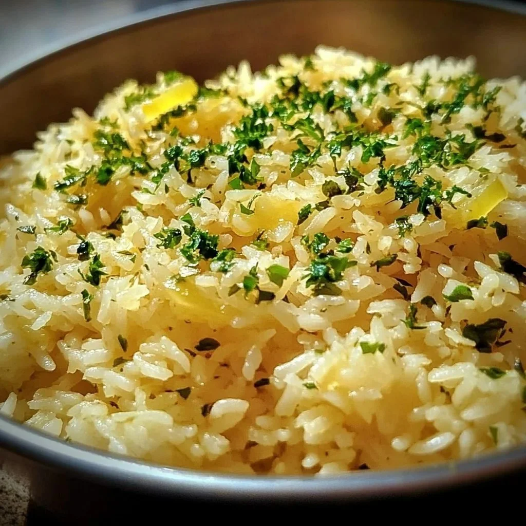 Bowl of Greek Lemon Rice garnished with fresh herbs